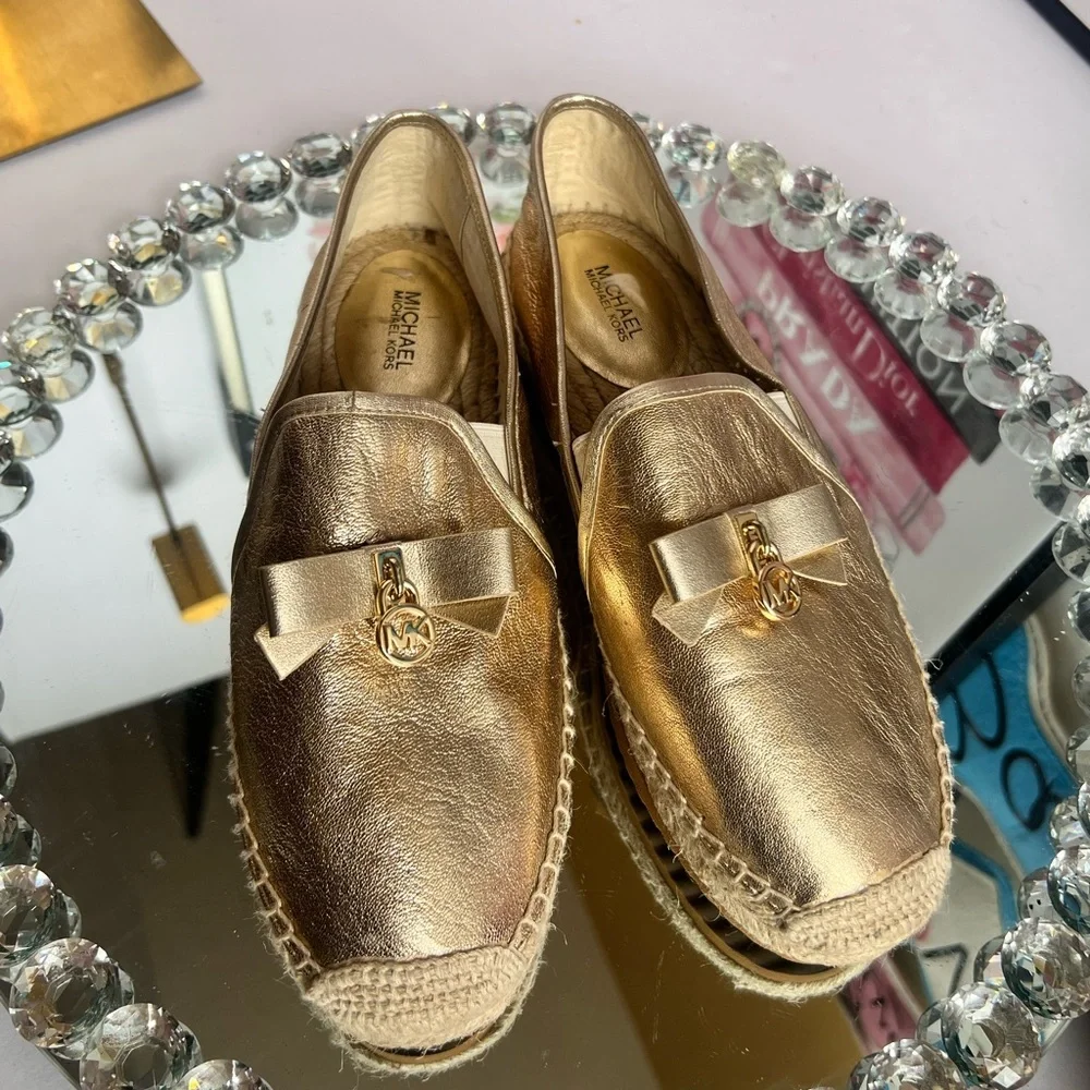 Michael Kors Women's LEATHER Hastings Slip On Espadrille Metallic Gold W8M V019k